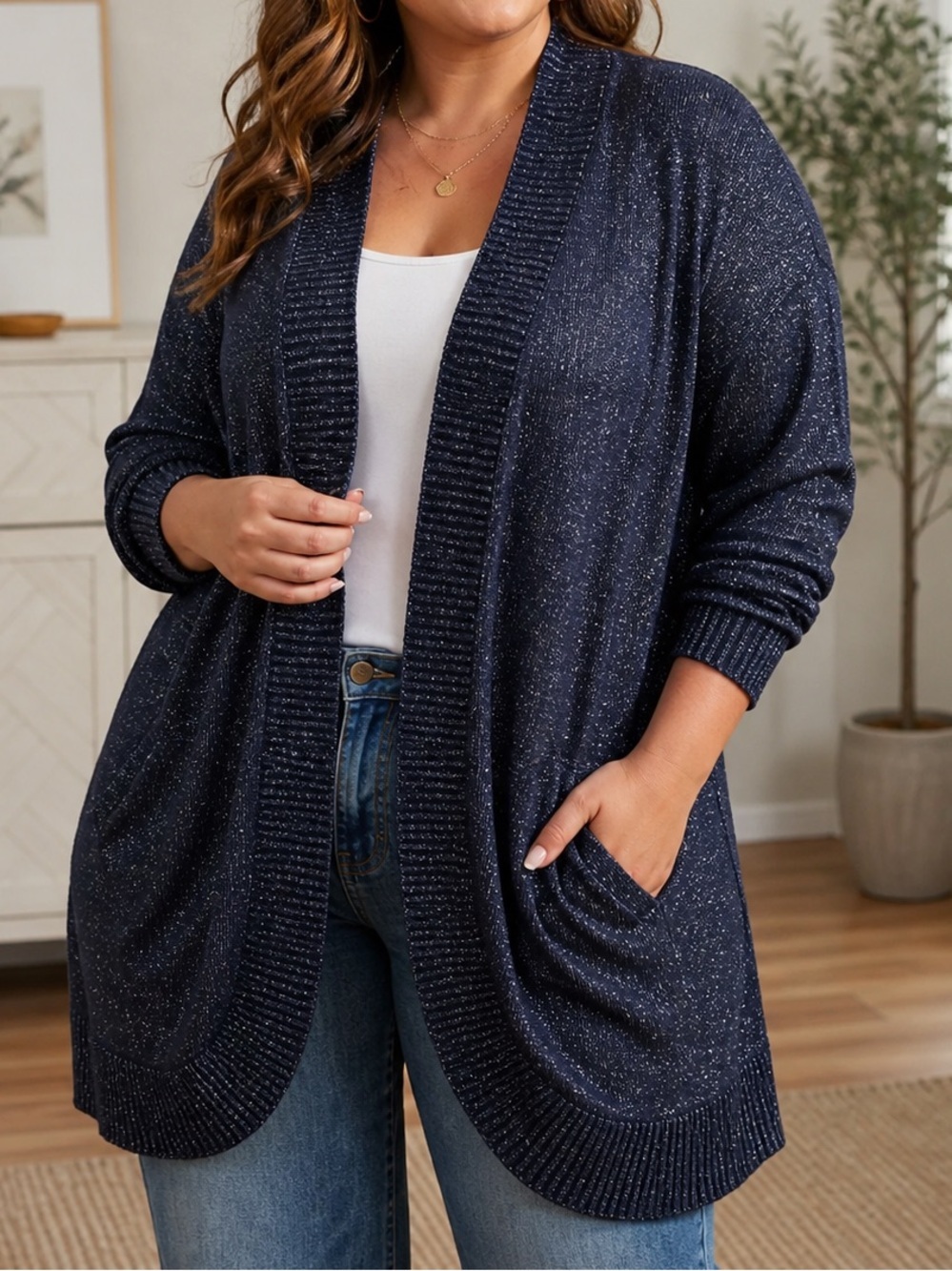 Verve Ami Navy Sparkle Open-Front Cardigan